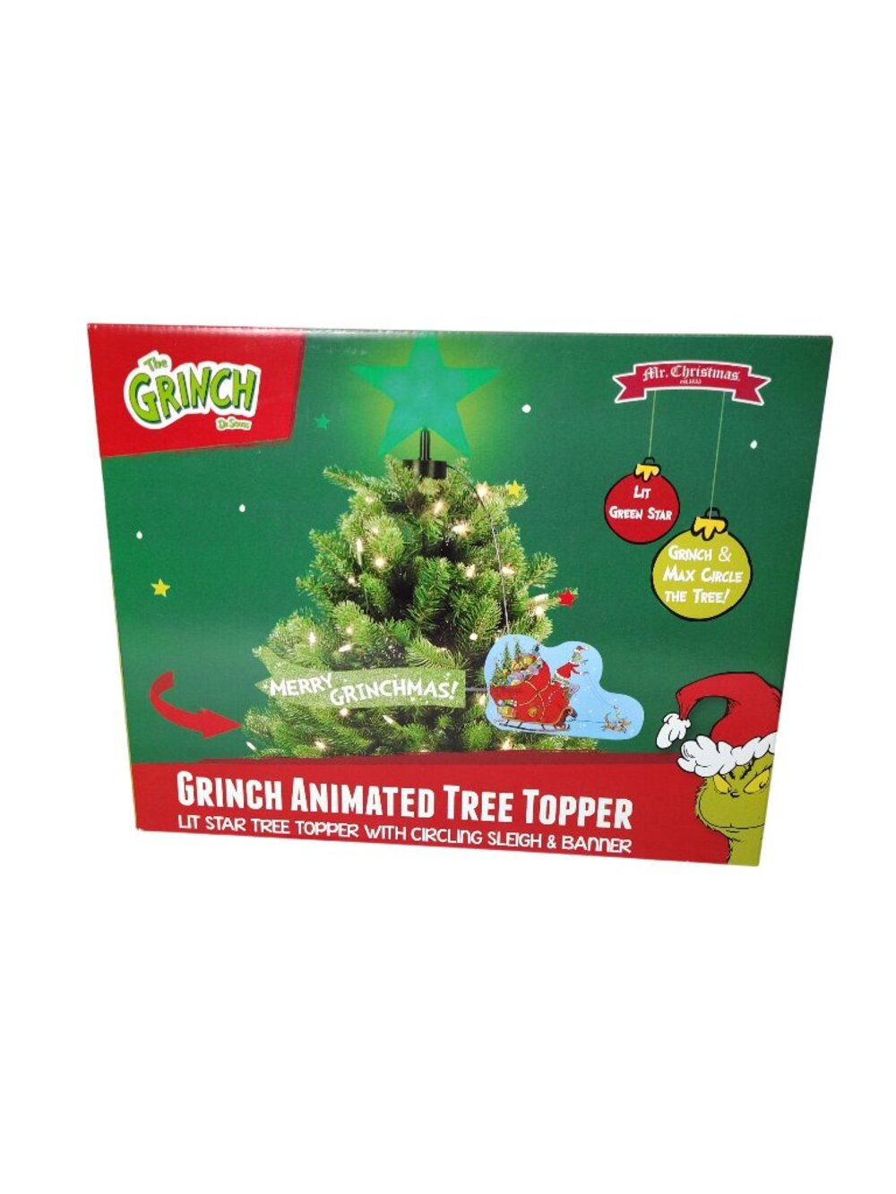 The Grinch Animated Tree Topper With Circling Sleigh and Banner